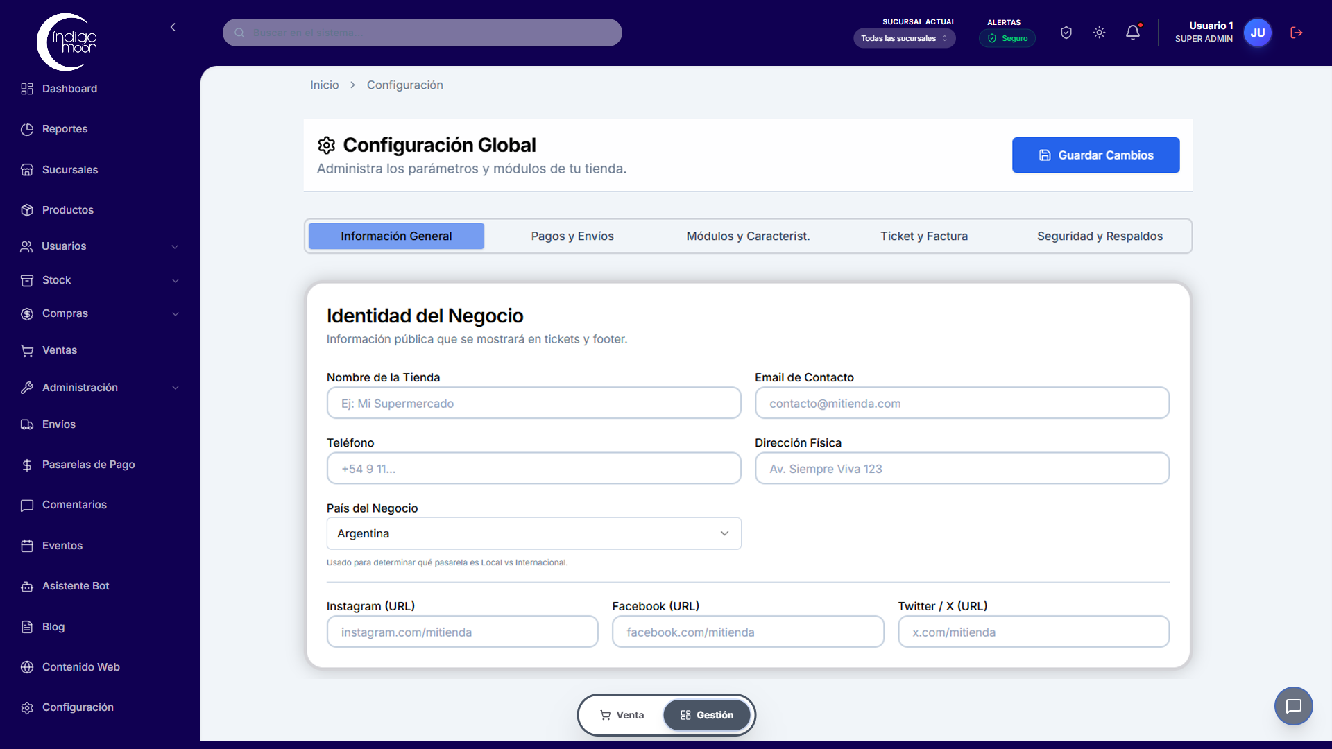 Dashboard Índigo Moon Store